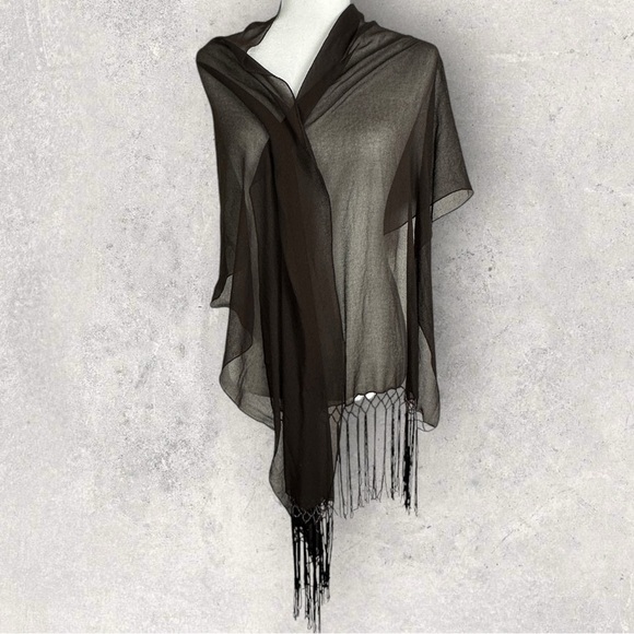 Brown Beaded Fringe Sheer Rectangular Scarf Bohemian Tassel 20" x 36" Wrap Skirt - Picture 8 of 15